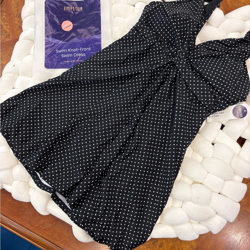 Black Polka Dot Swim Knot-Front Swim Dress